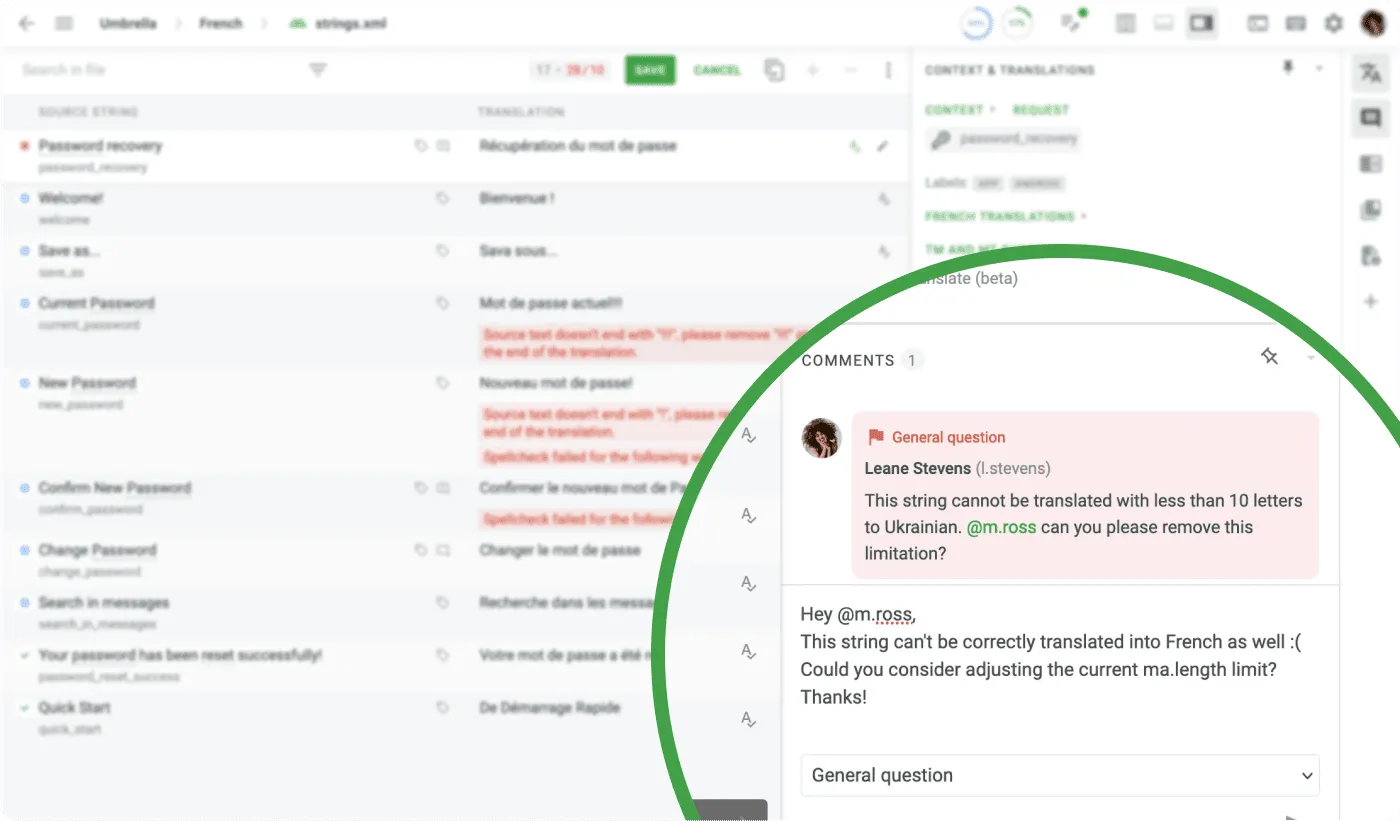 Comments inside the Crowdin platform